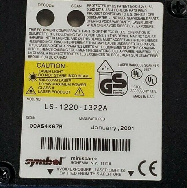 NIB SYMBOL LS-1220-I322A LASER BARCODE SCANNER LS1220I322A