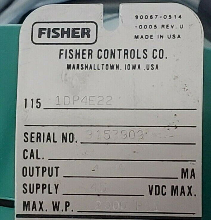 FISHER CONTROLS 115-1DP4E22 PRESSURE TRANSMITTER 4-20MA 45VDC 2000PSI 1151DP4E22