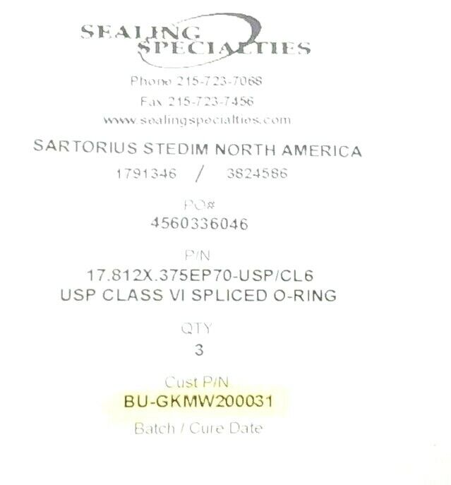 LOT OF 3 NEW SARTORIUS BU-GKMW200031 SPLICED O-RINGS 17.812 X .375 EP70-USP/CL6