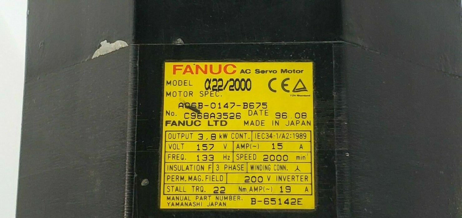 FANUC MODEL A22/2000 AC SERVO MOTOR A06B-0147-B675 2000RPM, 3.8KW, 157V, 15A