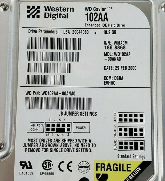 WESTERN DIGITAL WD CAVIAR 102AA 10.2GB ENHANCED IDE HARD DRIVE WD102AA-00ANA0