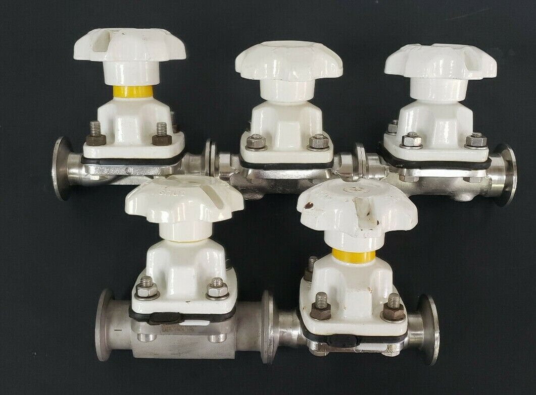 LOT OF 5 SAUNDERS DIAPHRAGM VALVES WITH 7/8" ID X 2" OD VALVE BODIES