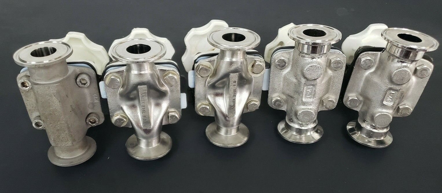 LOT OF 5 SAUNDERS DIAPHRAGM VALVES WITH 7/8" ID X 2" OD VALVE BODIES