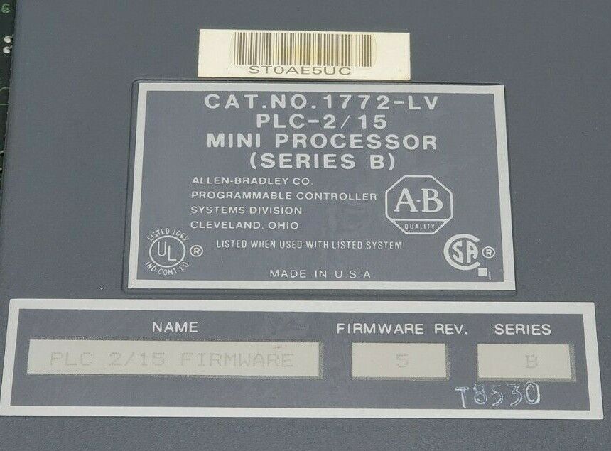 ALLEN BRADLEY 1772-LV PLC-2/15 MINI PROCESSOR 1772LV SER. B, F/W REV. 5 W/ KEYS