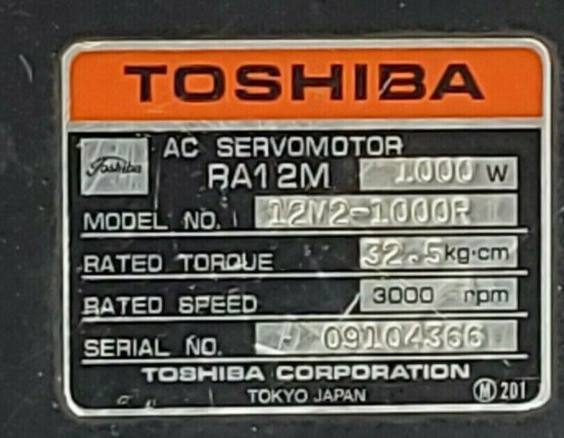 TOSHIBA 12M2-1000R AC SERVOMOTOR RA12M 1000W 32.5KG-CM 3000RPM 12M21000R