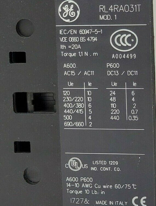 LOT OF 2 GENERAL ELECTRIC RL4RA031T AUX. CONTROL RELAYS MOD. 1, RL4R 1E, LB1AJ