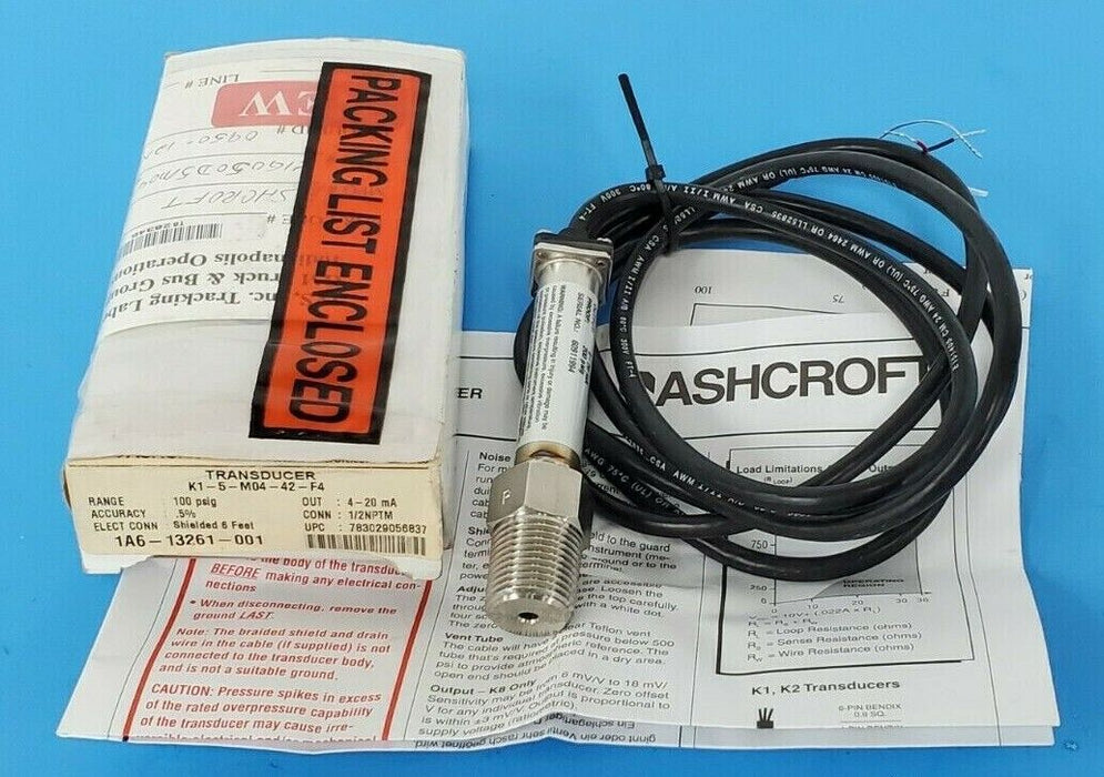 NIB ASHCROFT K1-5-M04-42-F4 TRANSDUCER 100PSIG 4-20mA 1/2" NPTM 6FT K15M0442F4#