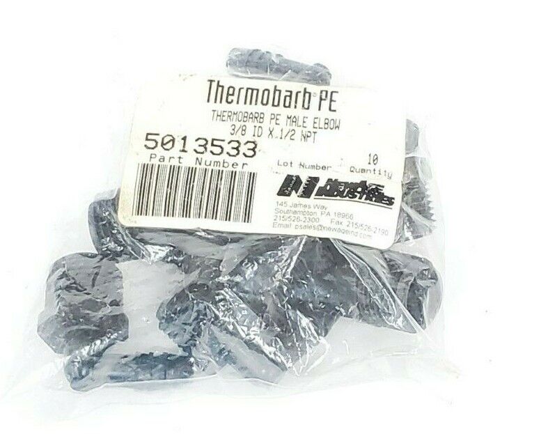 BAG OF 10 NEW THERMOBARB 5013533 PE MALE ELBOWS 3/8 ID X 1/2 NPT