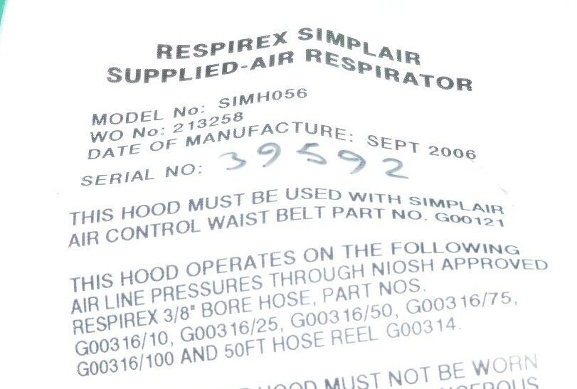RESPIREX SIMPLAIR SIMH056 SUPPLIED AIR RESPIRATOR NIOSH HOOD ASIMH056/73 NEW
