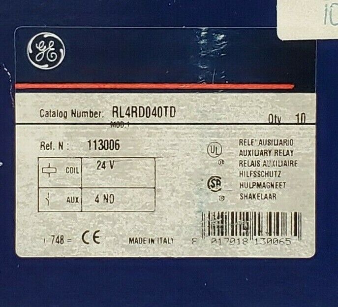 LOT OF 10 NIB GENERAL ELECTRIC RL4RD040TD RELAYS, 4 POLE, 24V COIL