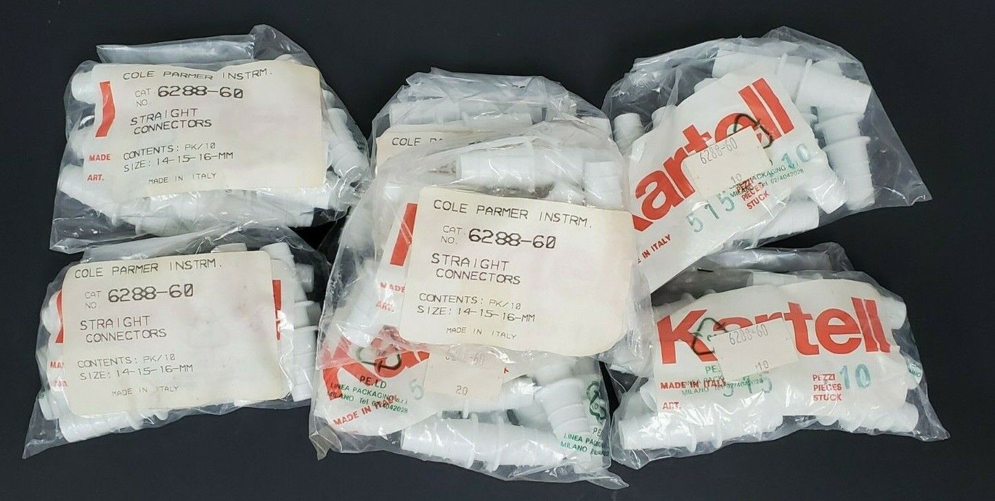 LOT OF 70 NEW COLE PARMER INSTRM. 6288-60 STRAIGHT CONNECTORS SIZE: 14-15-16MM