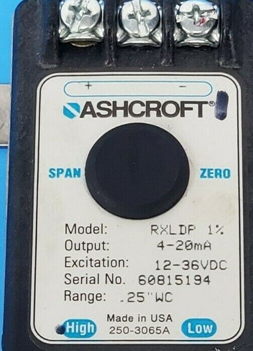 ASHCROFT RXLDP 1% PRESSURE TRANSMITTER 4-20mA, 12-36VDC, 0.25" WC RANGE