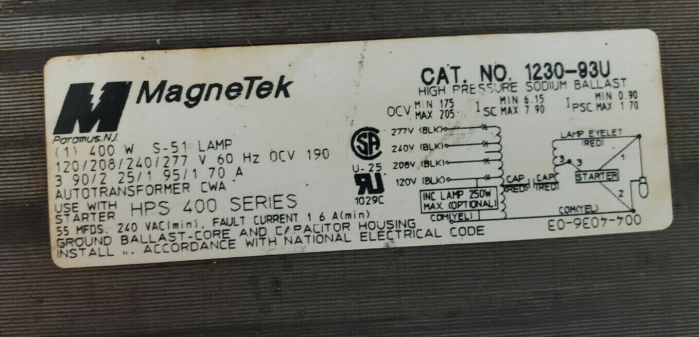 NEW MAGNETEK 1230-93U-500K BALLAST REPLACEMENT KIT 400W S-51 LAMP, 123093U 500K