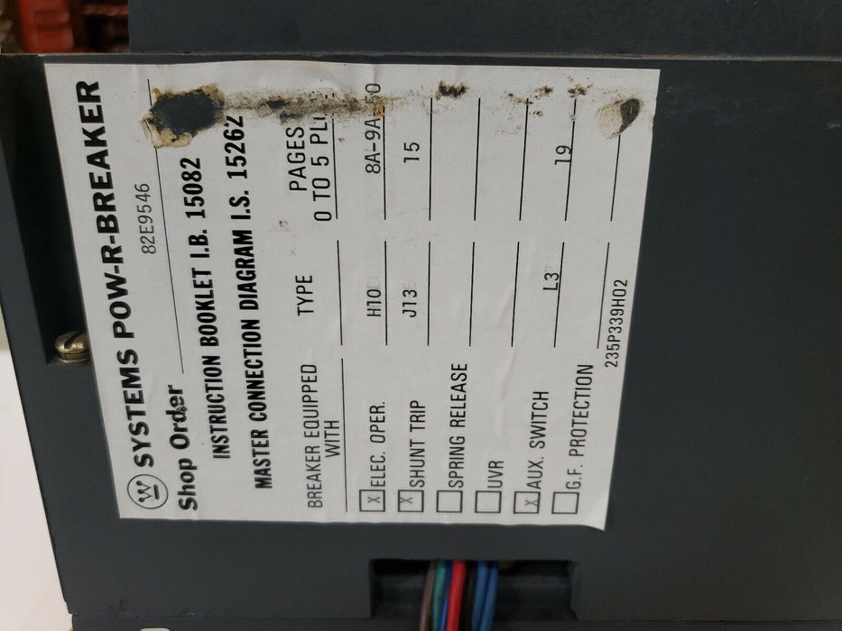 WESTINGHOUSE SPB 50 SYSTEMS POW-R BREAKER 3 POLE 800 AMP FRAME SPB50