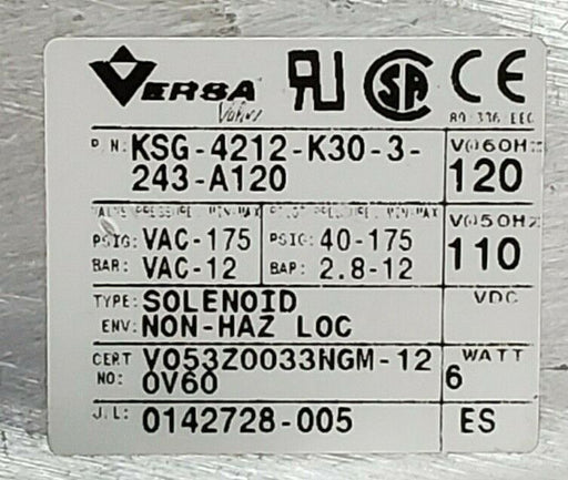 NEW VERSA VALVES KSG-4212-K30-3-243-A120 FOUR WAY VALVE 120V/60HZ, 0142728-005