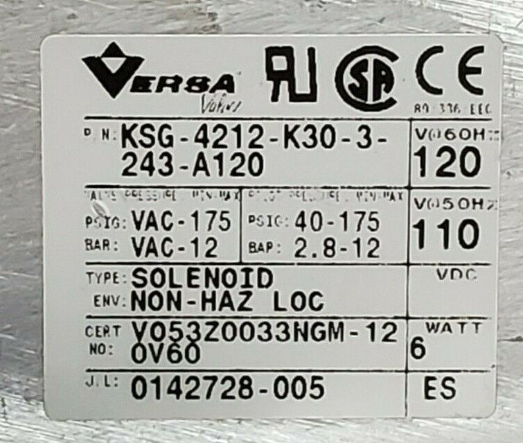 NEW VERSA VALVES KSG-4212-K30-3-243-A120 FOUR WAY VALVE 120V/60HZ, 0142728-005
