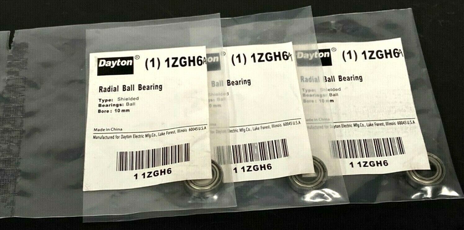 LOT OF 3 NEW DAYTON 1ZGH6A RADIAL BALL BEARINGS 10MM SHIELDED 1ZGH6