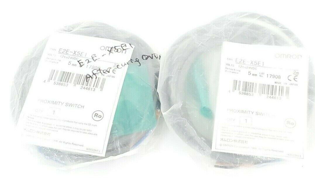 LOT OF 2 NEW OMRON E2E-X5E1 PROXIMITY SWITCHES E2EX5E1 RANGE: 5MM, 12TO24VDC, 2M