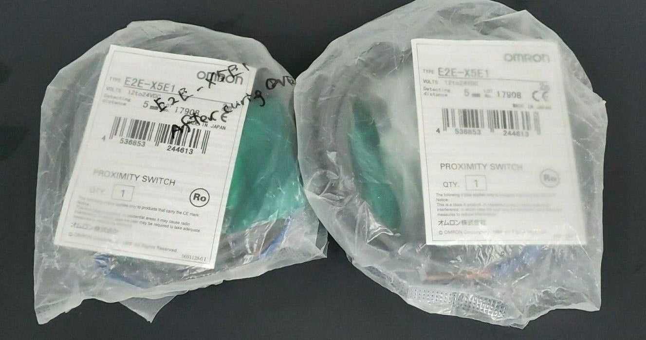 LOT OF 2 NEW OMRON E2E-X5E1 PROXIMITY SWITCHES E2EX5E1 RANGE: 5MM, 12TO24VDC, 2M