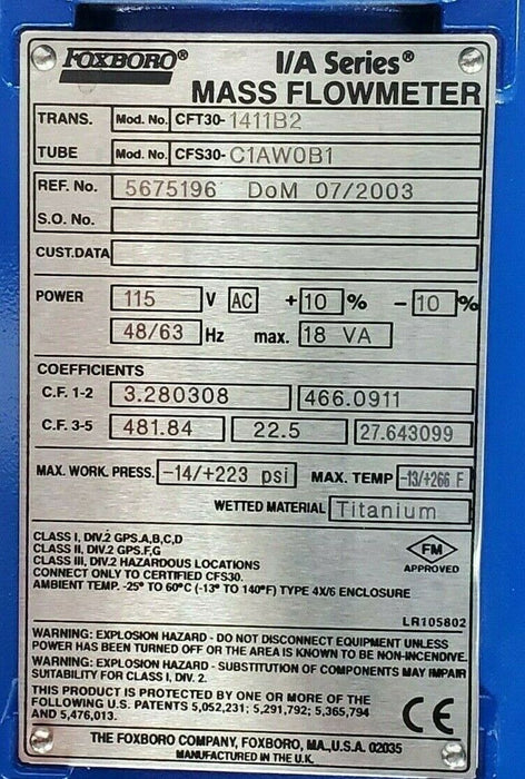 INVENSYS FOXBORO CFT30-1411B2 MASS FLOWMETER CFS30-C1AW0B1, 115V AC