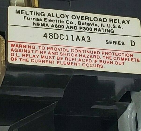 FURNAS 48DC11AA3 MELTING ALLOY OVERLOAD RELAY SER. D