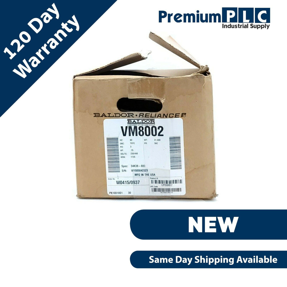 NEW BALDOR VM8002 MOTOR .75HP 1725RPM 3PH 60HZ 56C SPEC: 34K38-883