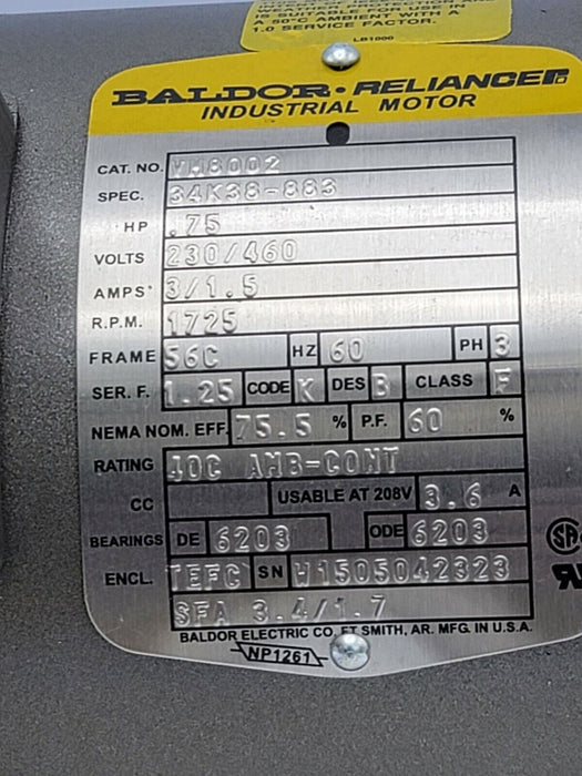 NEW BALDOR VM8002 MOTOR .75HP 1725RPM 3PH 60HZ 56C SPEC: 34K38-883
