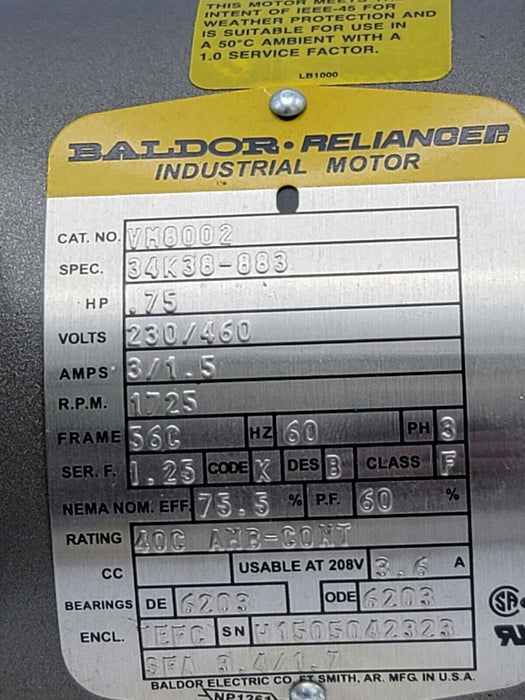 NEW BALDOR VM8002 MOTOR .75HP 1725RPM 3PH 60HZ 56C SPEC: 34K38-883