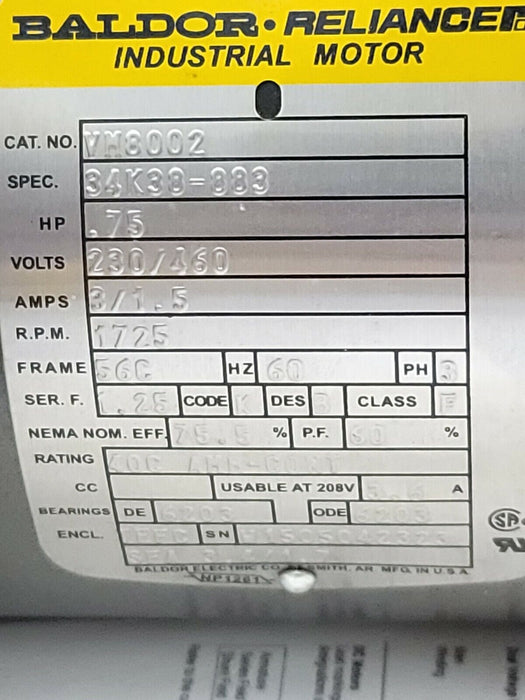 NEW BALDOR VM8002 MOTOR .75HP 1725RPM 3PH 60HZ 56C SPEC: 34K38-883