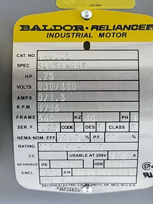 NEW BALDOR VM8002 MOTOR .75HP 1725RPM 3PH 60HZ 56C SPEC: 34K38-883