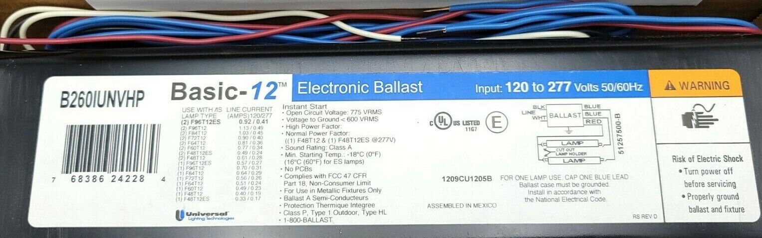NIB UNIVERSAL LIGHTING TECHNOLOGY B260IUNVHP 000I ELECTRONIC BALLAST 120-277 VAC