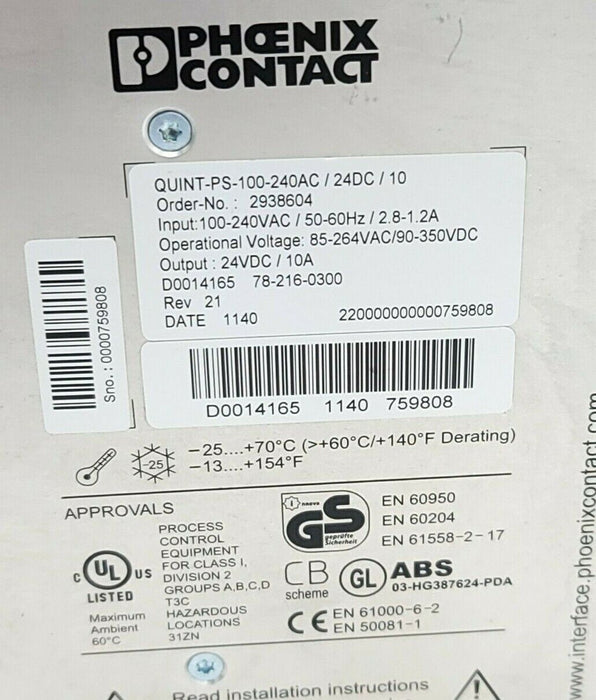 PHOENIX CONTACT QUINT-PS-100-240AC/24DC/10 POWER SUPPLY ORDER NO. 2938604