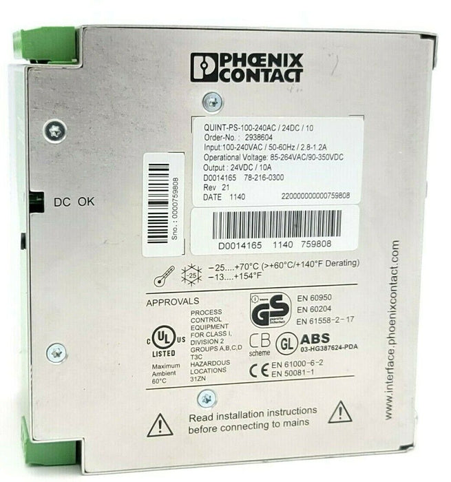 PHOENIX CONTACT QUINT-PS-100-240AC/24DC/10 POWER SUPPLY ORDER NO. 2938604