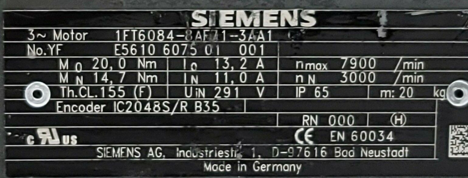 SIEMENS 1FT6084-8AF71-3AA1 SERVO MOTOR NO. YF E5610 6075 01 001, 3PHASE 3000 RPM