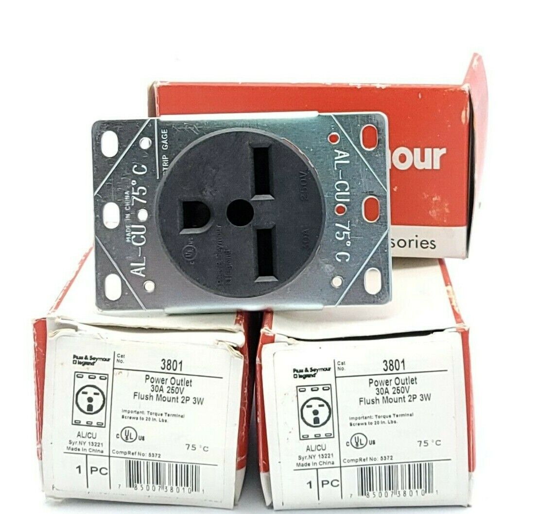 LOT OF 3 NIB PASS & SEYMOUR 3801 POWER OUTLETS 30A 250V FLUSH MOUNT 2P 3W