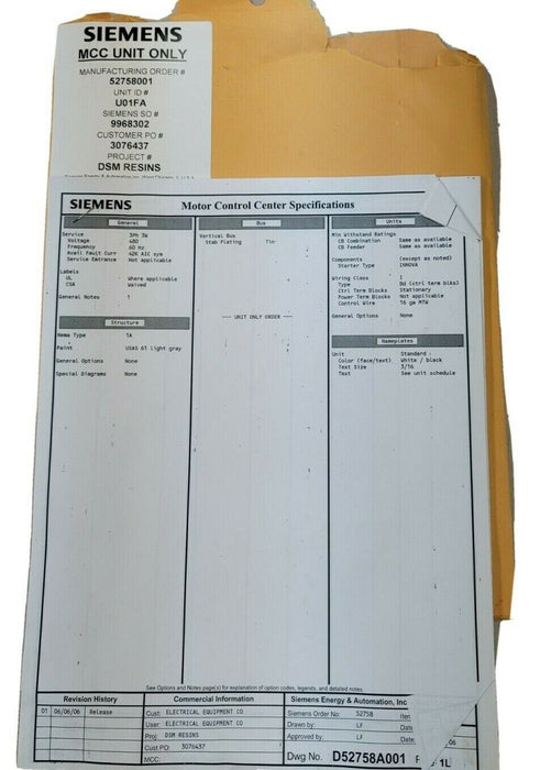 NIB SIEMENS U01FA MCC UNIT ONLY 480V 60HZ 3PH 30AMPS