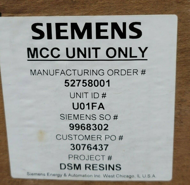 NIB SIEMENS U01FA MCC UNIT ONLY 480V 60HZ 3PH 30AMPS