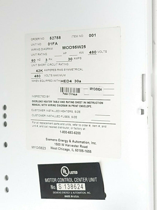 NIB SIEMENS U01FA MCC UNIT ONLY 480V 60HZ 3PH 30AMPS