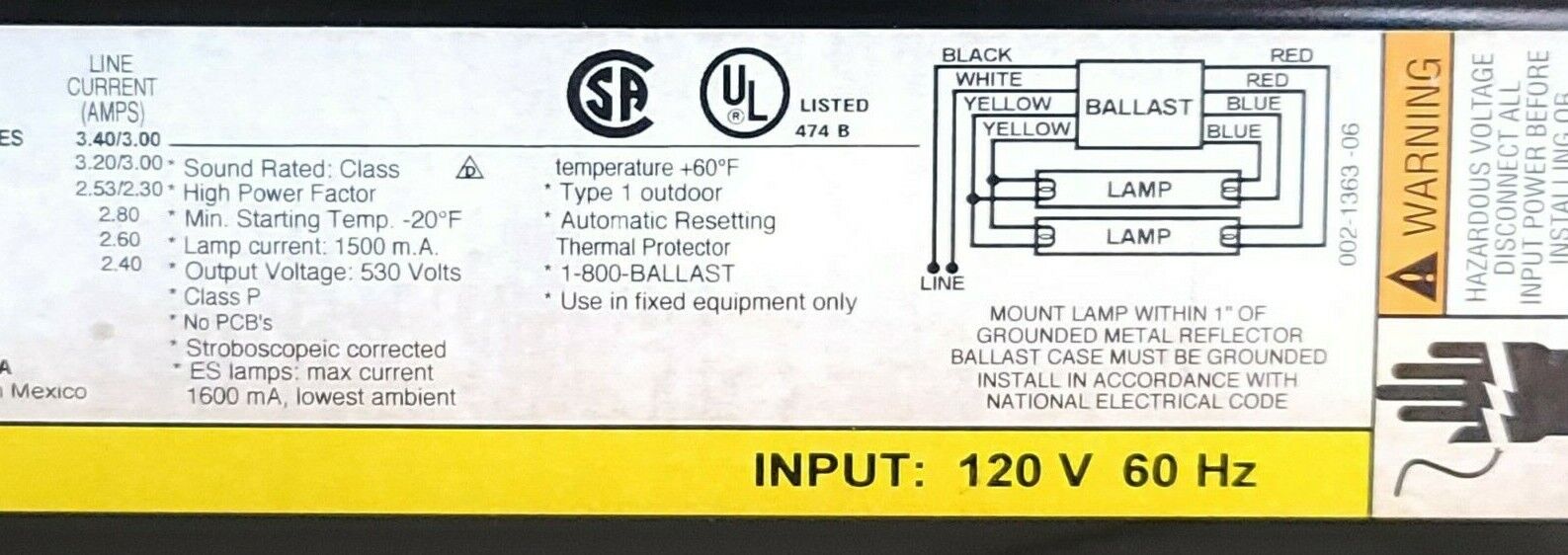 NIB UNIVERSAL LIGHTING TECHNOLOGIES 931LHTCP000I MAGNETIC BALLAST 120V 60HZ
