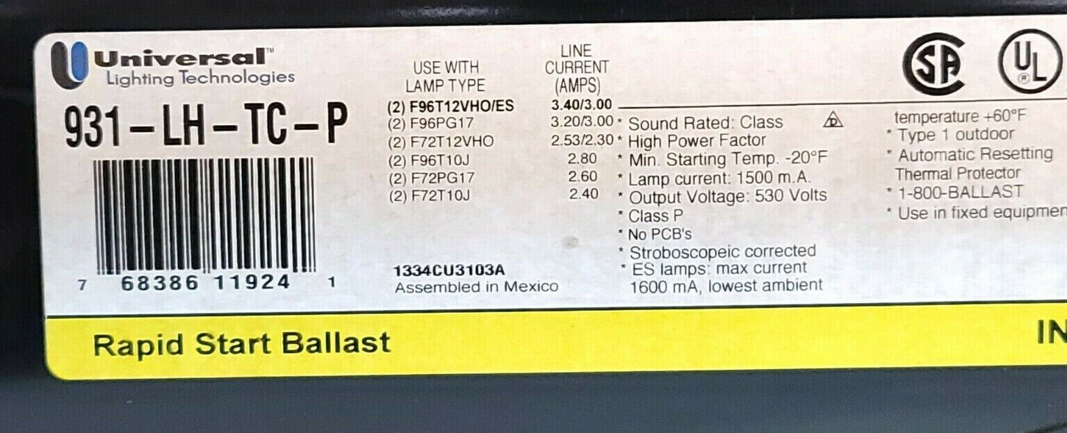 NIB UNIVERSAL LIGHTING TECHNOLOGIES 931LHTCP000I MAGNETIC BALLAST 120V 60HZ