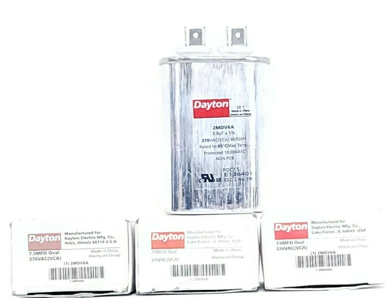 LOT OF 3 NIB DAYTON 2MDV6A CAPACITORS 7.5MFD OVAL 370VAC (VCA) 60/50HZ