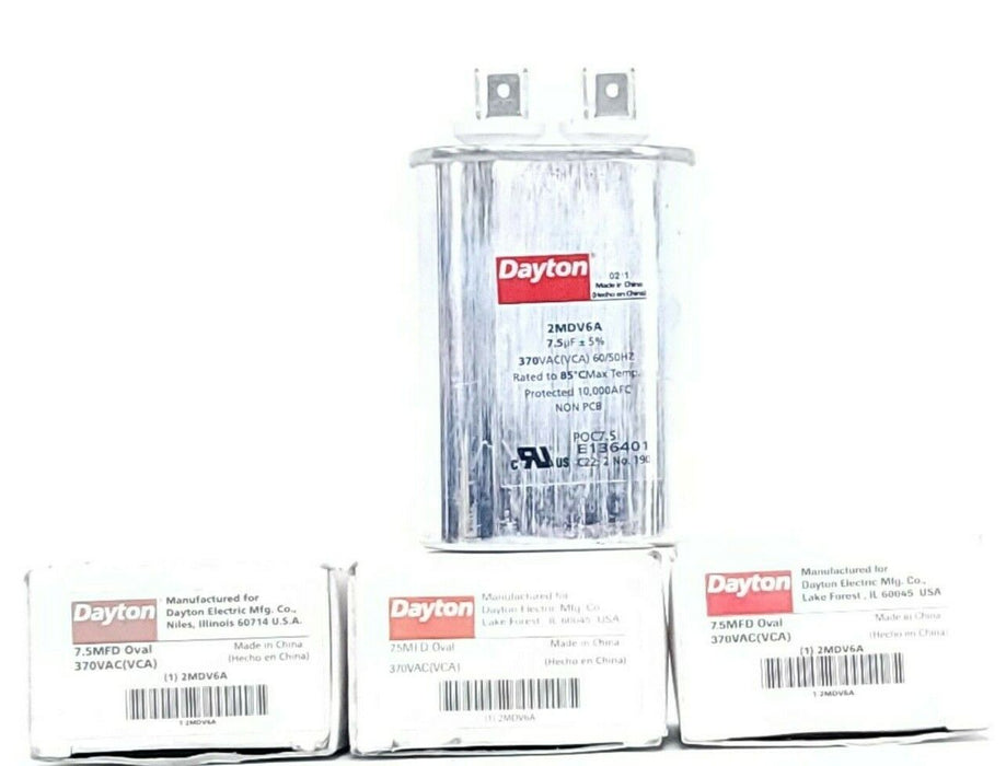 LOT OF 3 NIB DAYTON 2MDV6A CAPACITORS 7.5MFD OVAL 370VAC (VCA) 60/50HZ