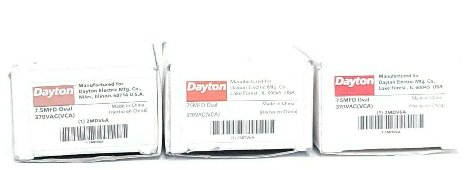 LOT OF 3 NIB DAYTON 2MDV6A CAPACITORS 7.5MFD OVAL 370VAC (VCA) 60/50HZ