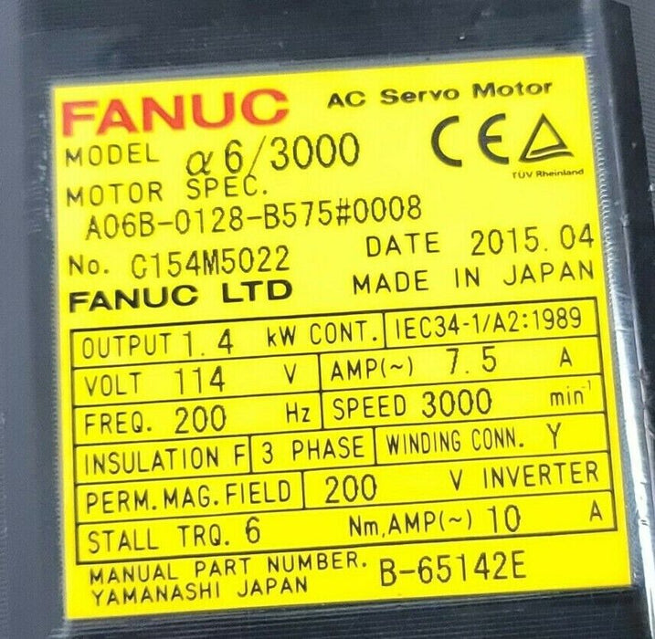 FANUC A06B-012B-B575#0008 AC SERVO MOTOR 3 PHASE 3000 RPM 7.5 AMP 114 VAC