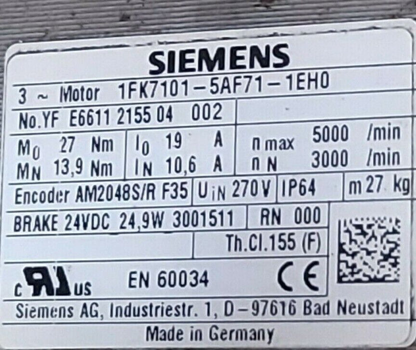 REPAIRED SIEMENS 1FK7101-5AF71-1EH0 SERVO MOTOR NO. YF E6611 2155 01 002