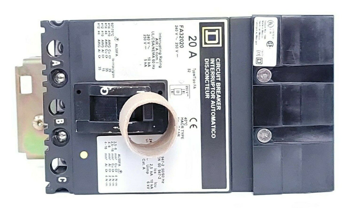 NIB SQUARE D FA32020 CIRCUIT BREAKER 20A, 3P, 240~250V 50/60HZ (DAMAGED)