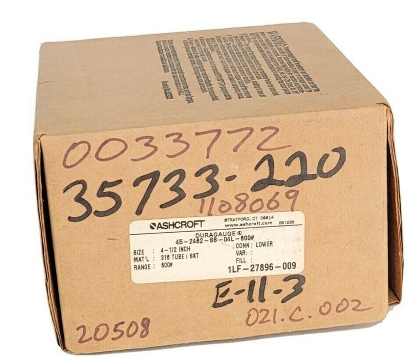 NIB ASHCROFT 45-2462-SS-04L-600# DURAGAUGE SIZE: 4-1/2'' 452462SS04L RANGE: 600#