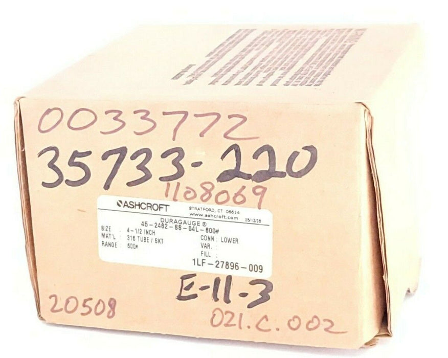 NIB ASHCROFT 45-2462-SS-04L-600# DURAGAUGE SIZE: 4-1/2'' 452462SS04L RANGE: 600#