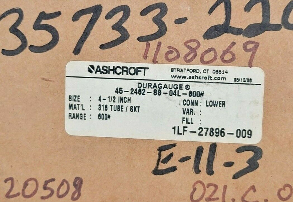 NIB ASHCROFT 45-2462-SS-04L-600# DURAGAUGE SIZE: 4-1/2'' 452462SS04L RANGE: 600#