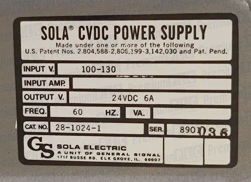 NEW SOLA 28-1024-1 SER. 8901 CVDC POWER SUPPLY IN 100-130V OUT. 24VDC 6A 2810241